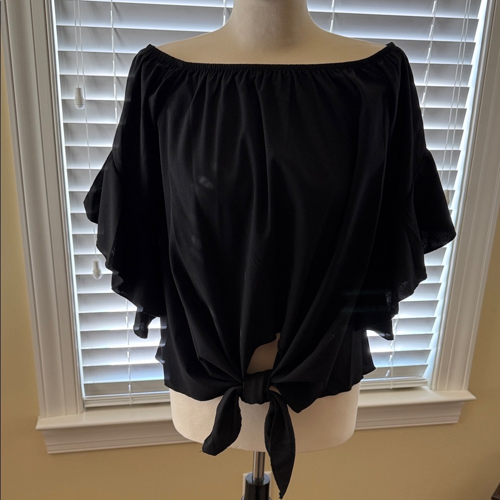 SHEIN Black Ruffle Sleeve Off-Shoulder Blouse
